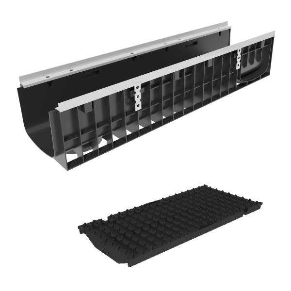 Фото Пластиковые лотки с решеткой Лоток пластиковый Gidrolica Super DN200 H203 мм с щелевой чугунной решеткой класс Е600