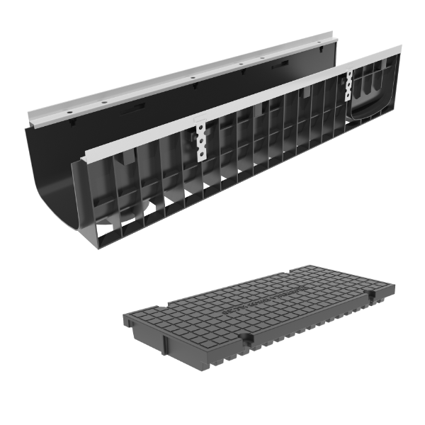 Фото Пластиковые лотки с решеткой Лоток пластиковый Gidrolica Pro DN200 H203 мм с глухой полиамидной крышкой С250