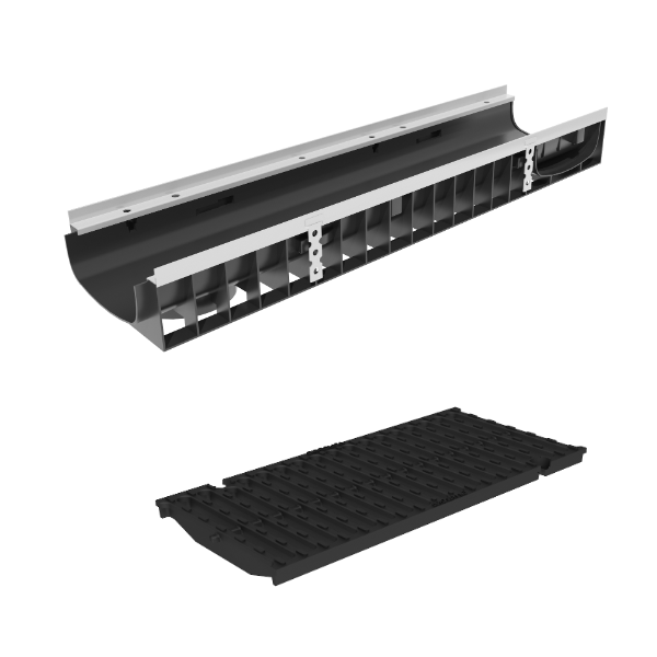 Фото Пластиковые лотки с решеткой Лоток пластиковый Gidrolica Super DN200 H118 мм с щелевой чугунной решеткой класс D400
