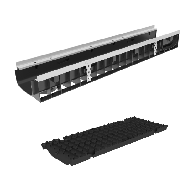 Фото Пластиковые лотки с решеткой Лоток пластиковый Gidrolica Super DN150 H118 мм с щелевой чугунной решеткой класс Е600