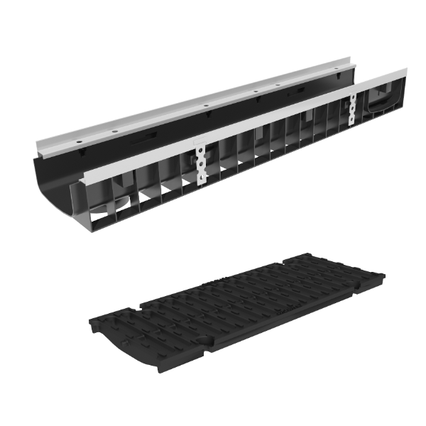 Фото Пластиковые лотки с решеткой Лоток пластиковый Gidrolica Super DN150 H118 мм с щелевой чугунной решеткой класс D400