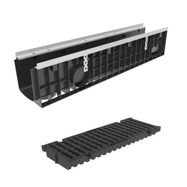 Фото Пластиковые лотки с решеткой Лоток пластиковый Gidrolica Pro DN150 H203 мм с полиамидной решеткой и крепежом класс С250